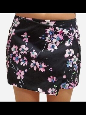 Black Floral Mini Skirt with Pink Bloom Print Skort Built-in Shorts Spring Fall